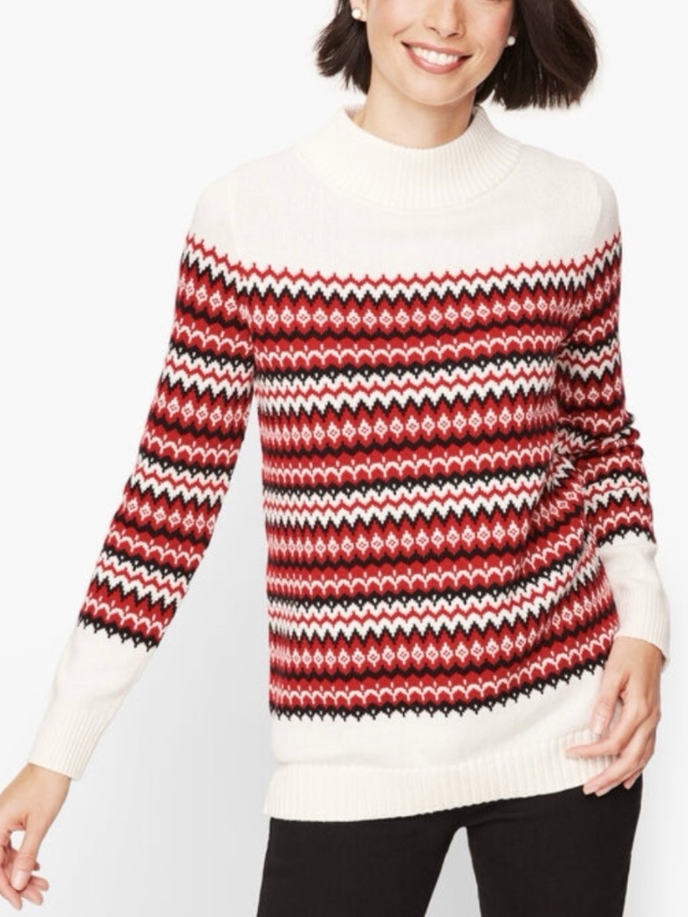 Talbots Size M Petite Chalet Fair Isle Red & Ivory Sweater Funnel Neck NWT $99